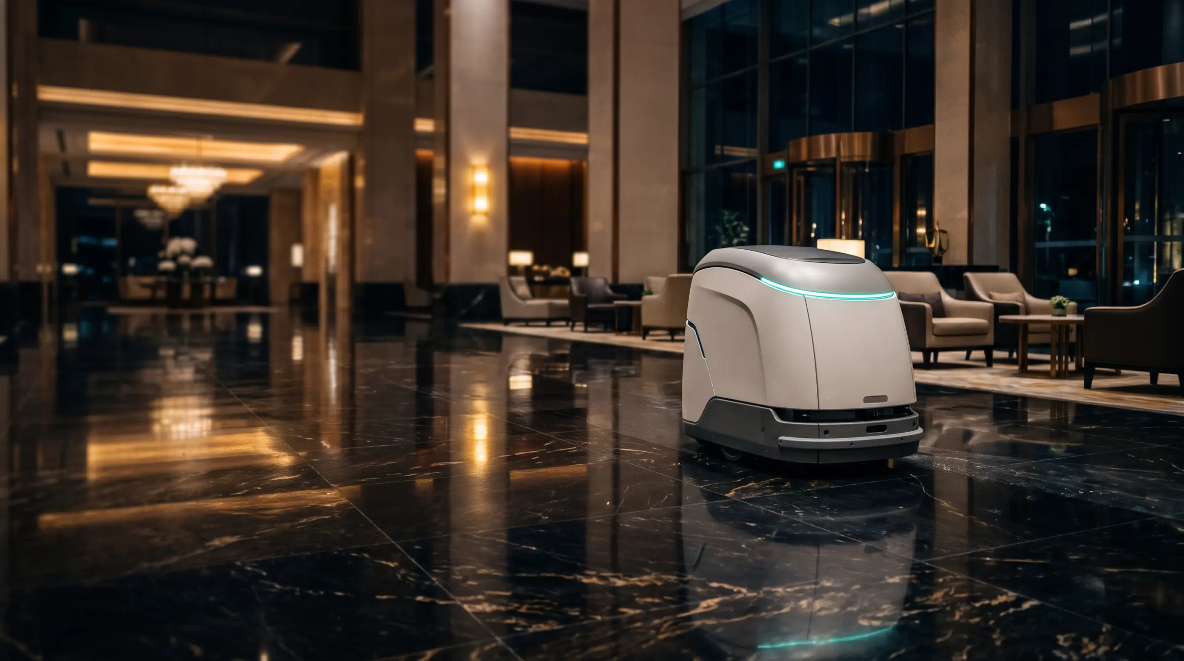 Cleaning robot working at night on the marble floor of a luxury hotel lobby