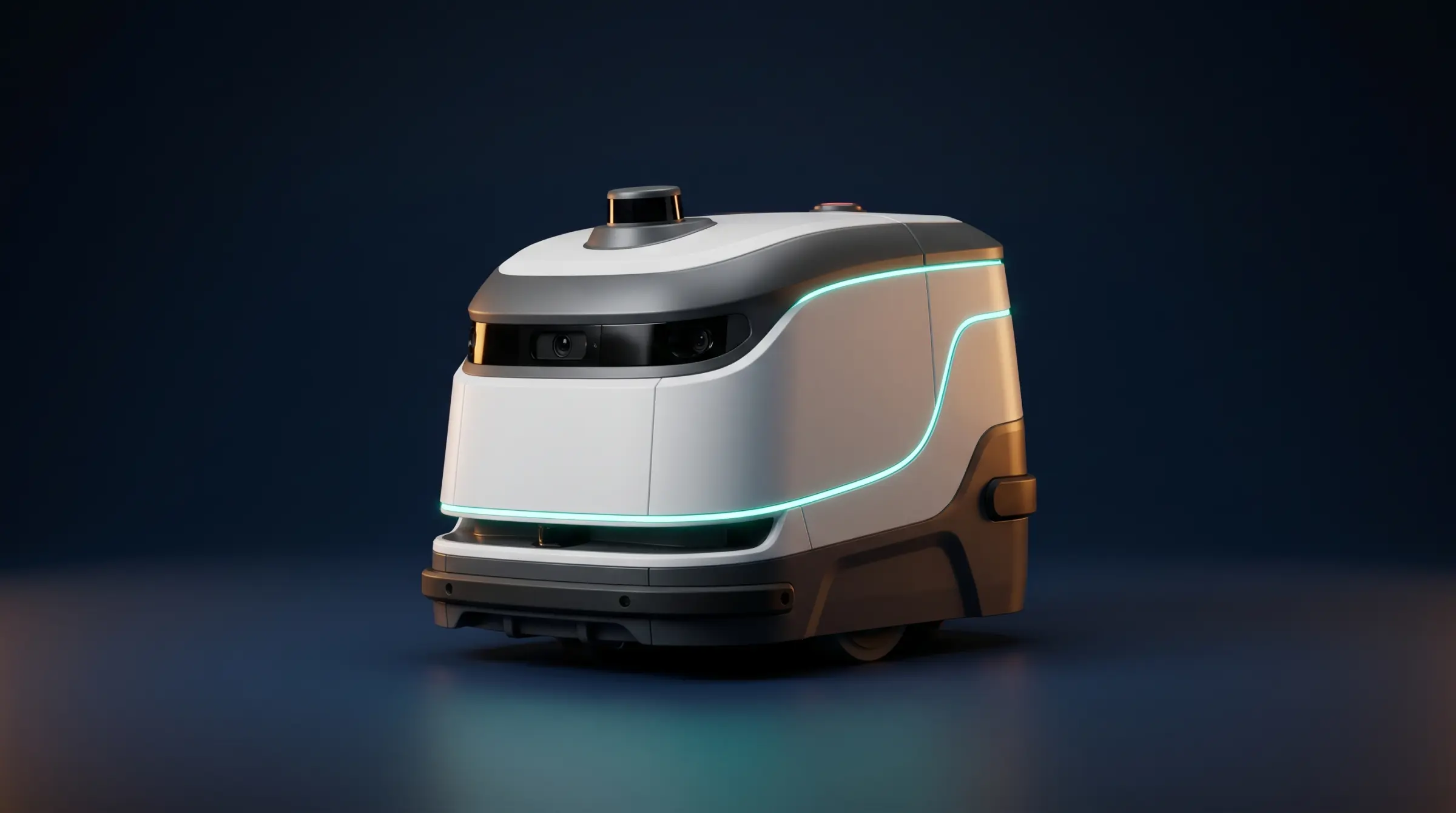 White autonomous floor-cleaning robot against a navy backdrop